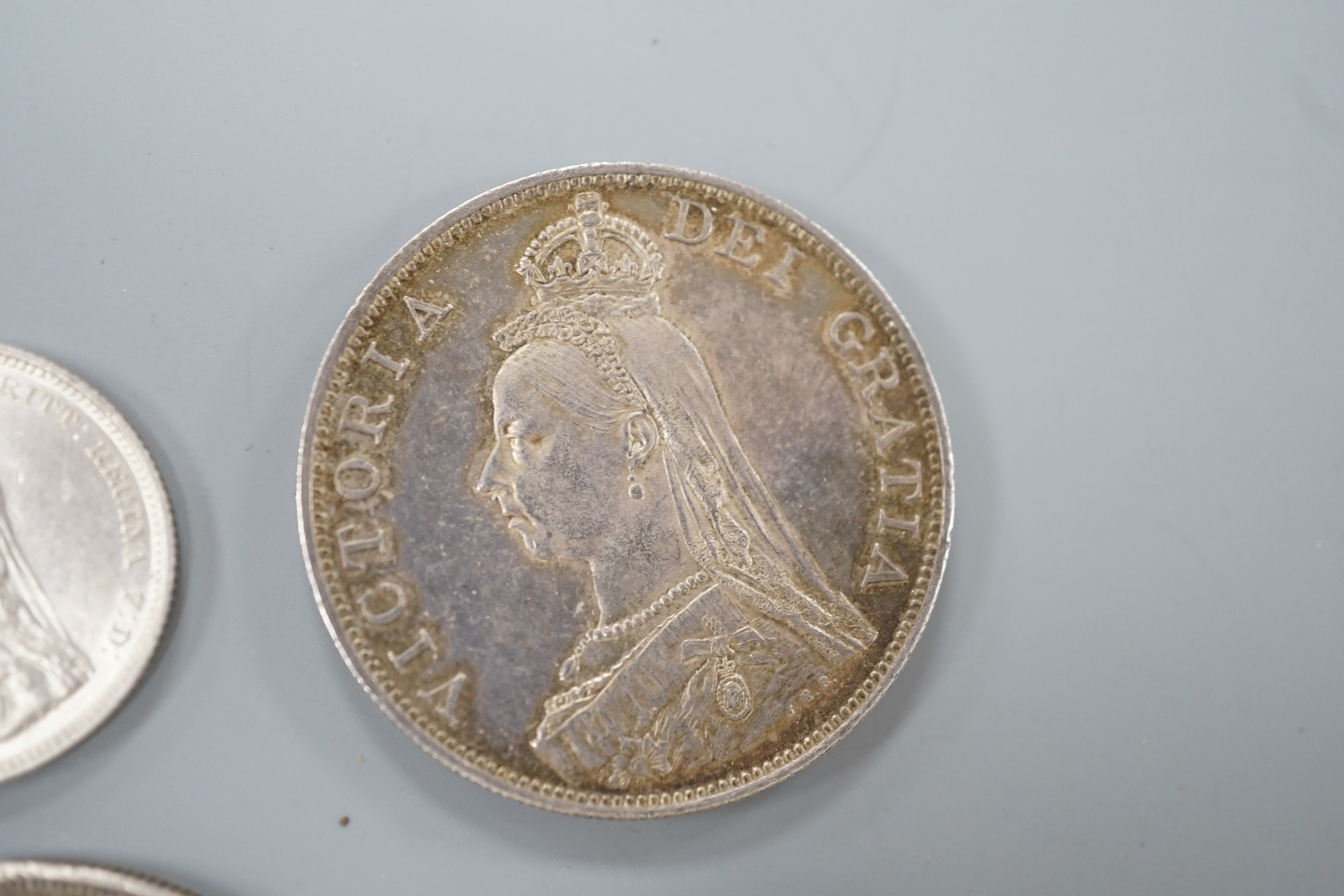 Victoria silver Jubilee head coins, double florin 1887, hairlines otherwise AEF, crown 1887, VF, florin 1887, VF, shilling 1887, EF